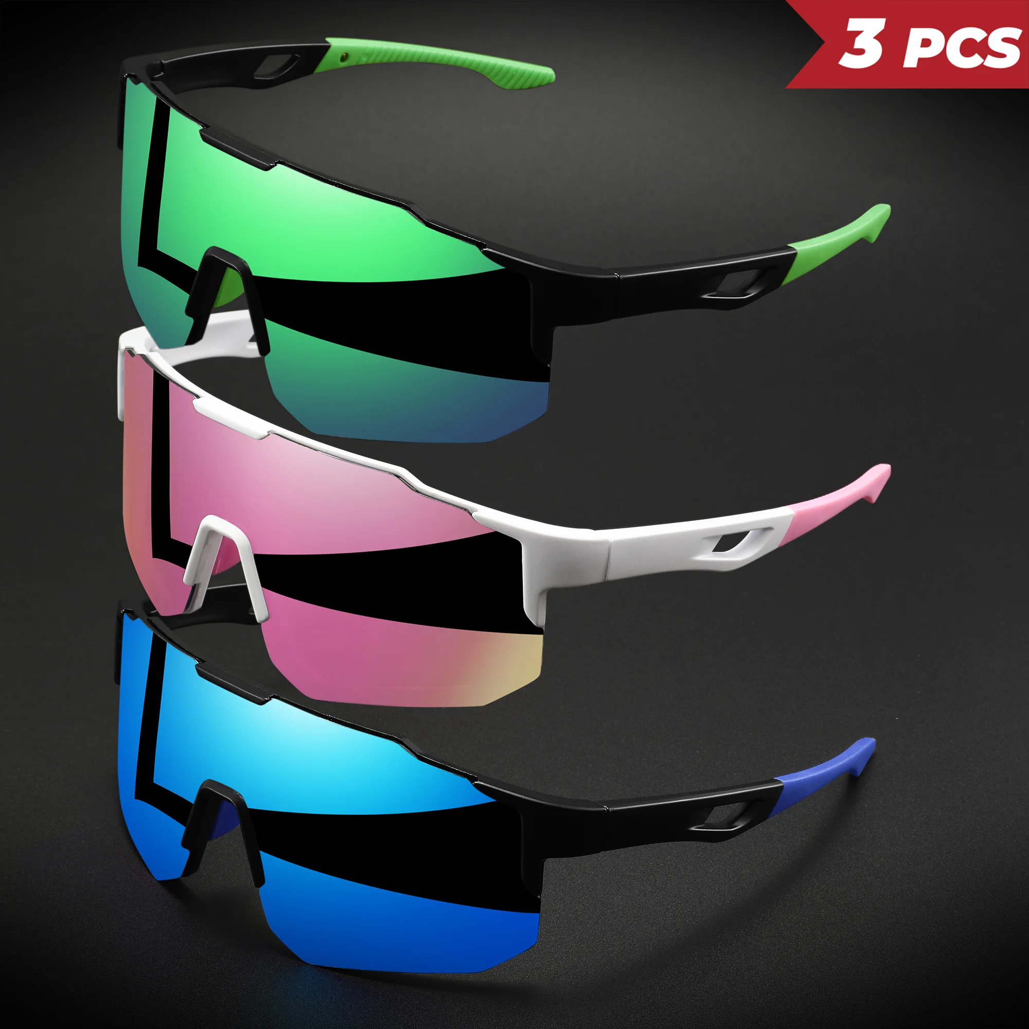 3 Stück übergroße, farbenfrohe Sport-Sonnenbrille – umlaufendes Design, UV400, Unisex, bequeme Passform für Radfahren, Wandern und Outdoor – Detail 9
