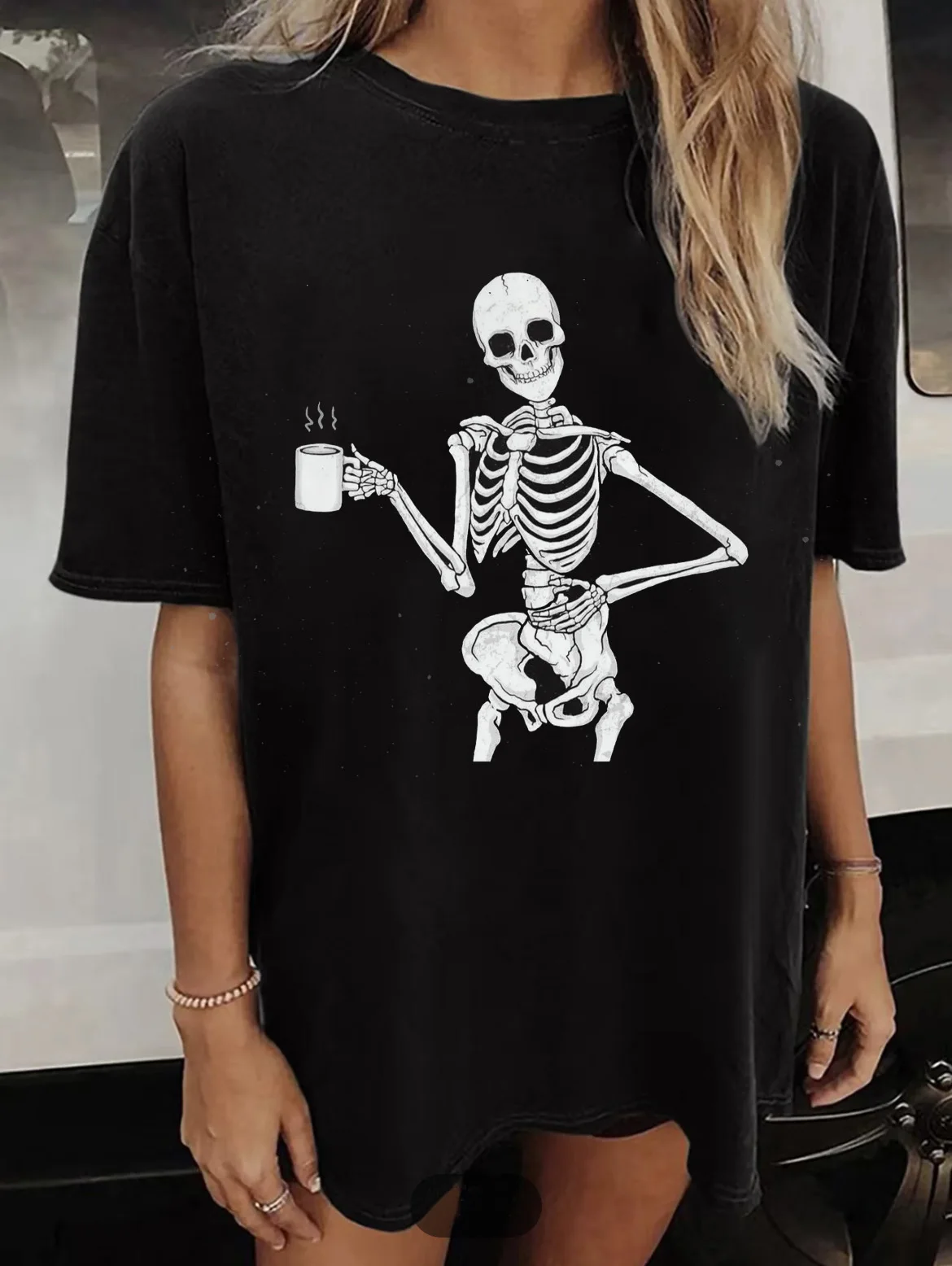 

Short Sleeved New Women's Casual Black T-Shirt Clothing Women's Retro 90s Summer Skull Print Cartoon Pattern Basic Cotton T-Shir