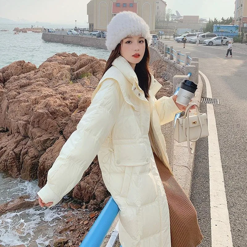 2023 New Women Down Jacket Winter Coat Female Warm Thick Parkas Mid Length Version Loose Outwear Stylish Navy Collar Overcoat