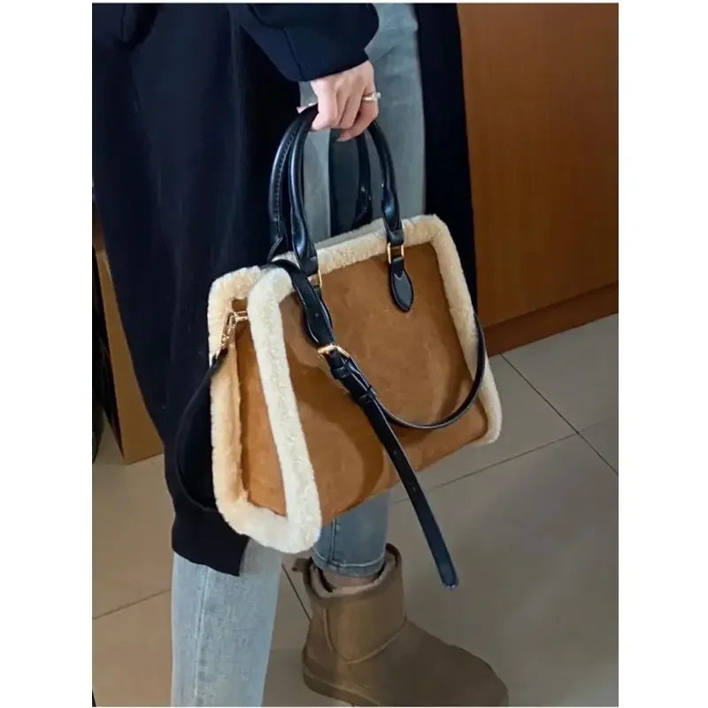 Fashion Lambswool Tote Bag Faux Fur Women Handbags Pu Leather Patchwork Shoulder Crossbody Bags Large Capacity Winter Purse 2023