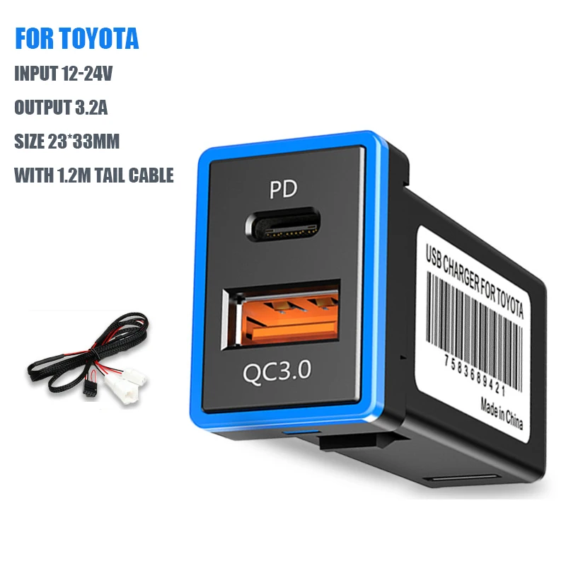 12V/24V USB C Car Charger for Toyota, Dual USB Ports QC3.0 & PD Type C