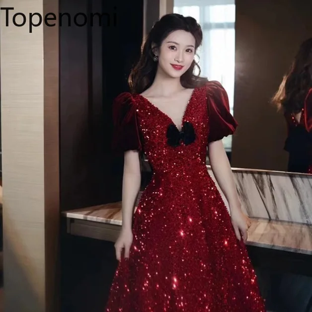 

Topenomi Red Sequin Night Party Dress Women 2024 Summer V Neck Bow Slim Fit A-line Prom Dresses Elegant puff sleeve Evening Gown