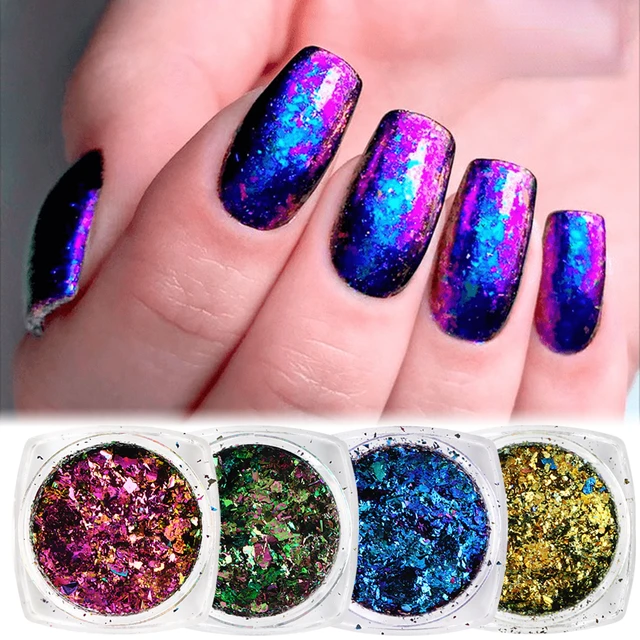 1 Box Chameleon Nail Flakes Chrome Pigment Powder Gold Leaf For Nails  Purple Blue Metallic Glitter Manicure Accessories NLBSC