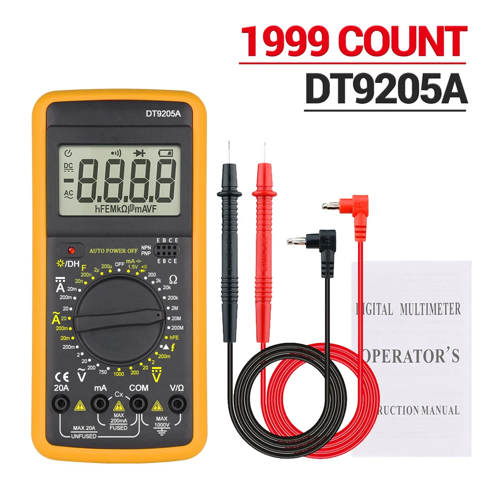 DT-9205A Digital Multimeter Multimeter Tester Voltage Meter Tester Ammeter Voltmeter Digital Voltage Tester Resistance Auto Range Multimetro Meter Test Probes