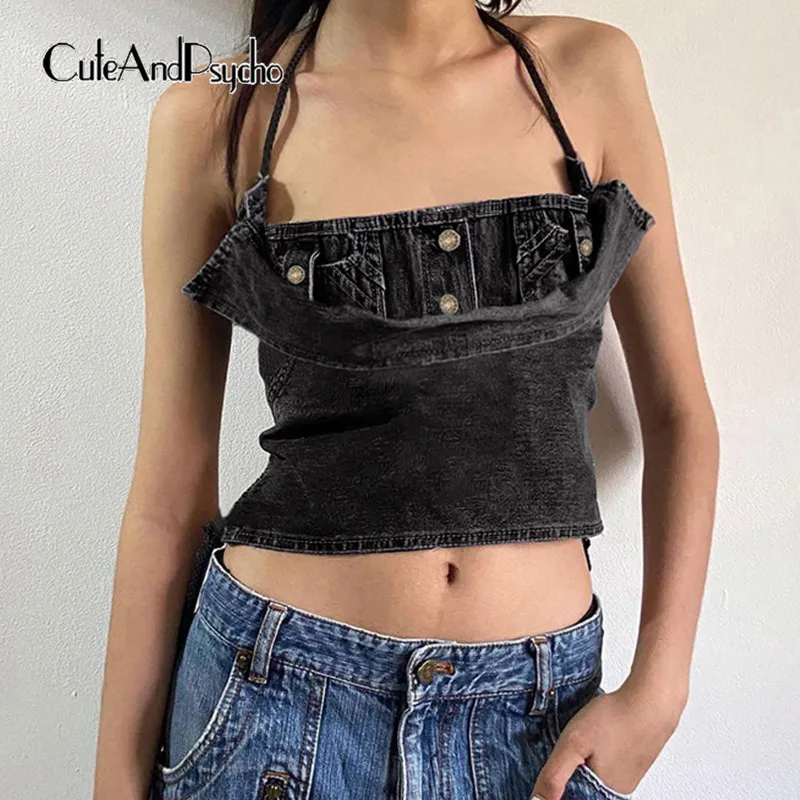 

Cuteandpsyvintage Y2K Сексуальная джинсовая майка на пуговицах платье с открытой спиной и лямкой на шее укороченные топы Harajuku мода 90-х Эстетическая шикарная ткань