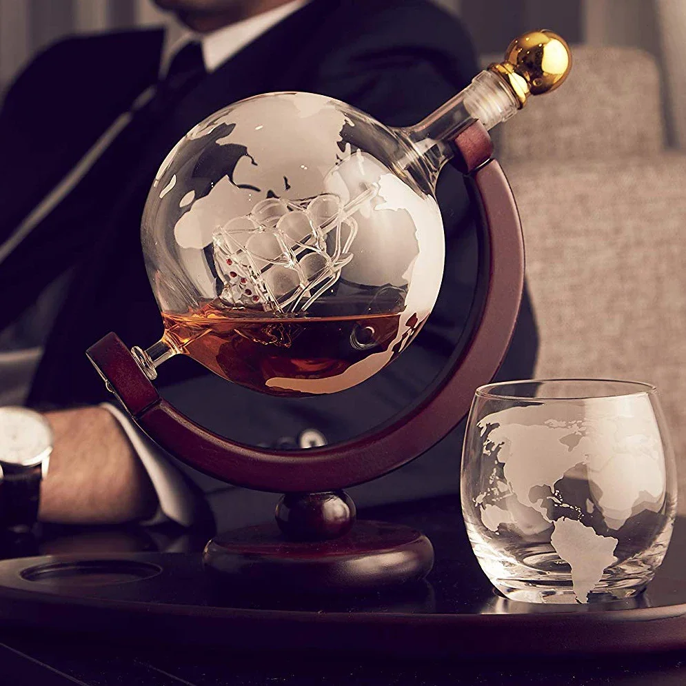 Whiskey Decanter Set Crystal Glass Wine Glass Creative Globe Wine Bottle World Map Pattern Indoor Office Decoration
