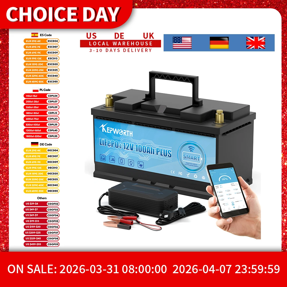 KEPWORTH 12V 100Ah LiFePO4 Bluetooth Battery with 100A BMS Deep Cycle Lithium Battery for Caravans Camping Boats Motorhomes