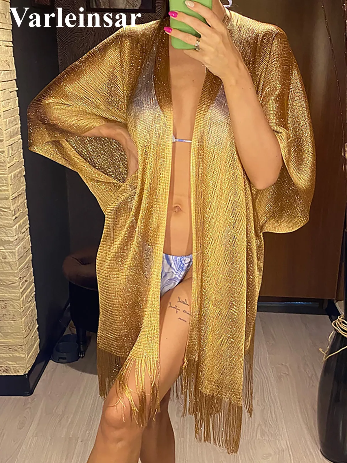 Sexy Fringe Tassel Mesh Sheer Shiny Knitted Tunic Beach Cover Up Cover-ups Beach Dress Beach Wear Beachwear Female Women V3321 1