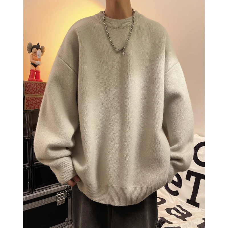 

Vintage Loose Men Round Neck Sweaters Solid Korean Knitted Clothing Fashion Autumn Brand Knitwear Long Sleeve Male Pullovers