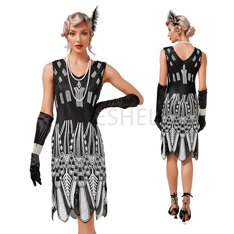

Summer Fashionnight Vrstido Vintage 1920s Flapper Sequins V-Neck Dress Great Gatsby Costume Cocktail Party Charleston Cos Dress