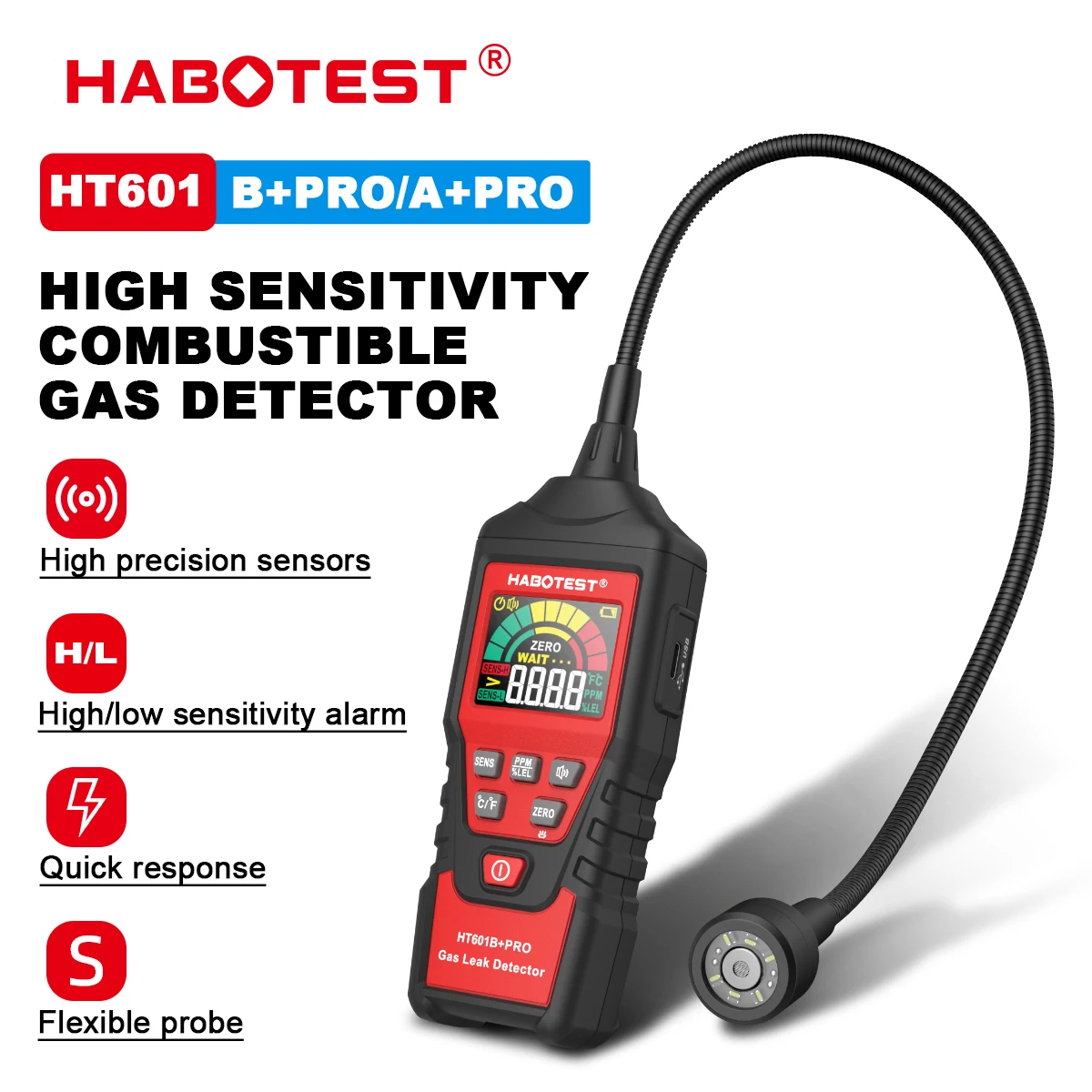 HABOTEST Natural Gas Detector HT601, combustible gas leak detector locating the source of methane propane sound screen alarm