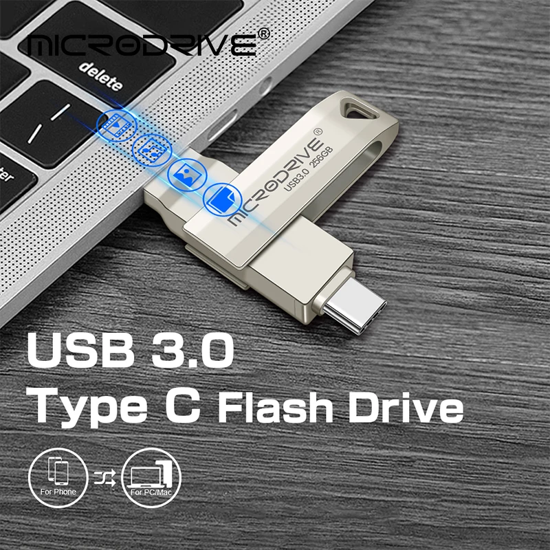 2 in 1 OTG USB-C Flash Pen Drive Metal Memory Stick Usb 3.0 64GB 128GB 256G Dual C Pendrive