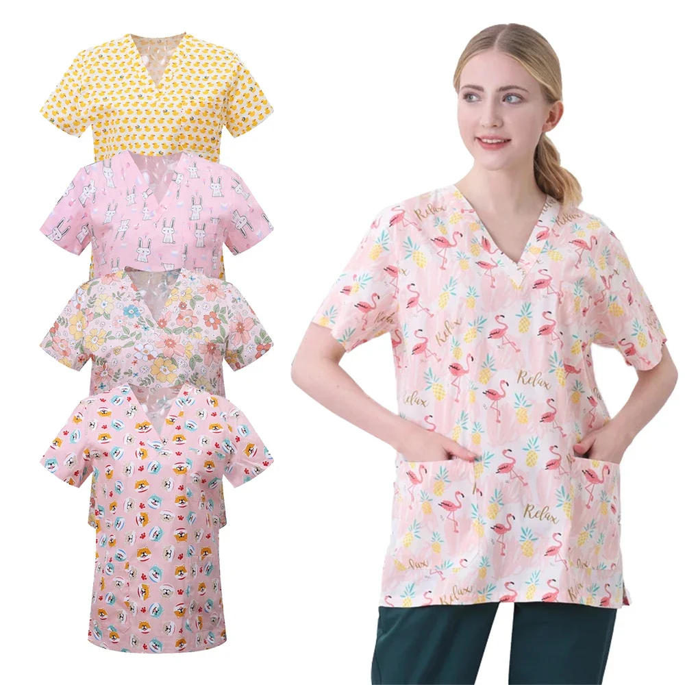 Medical Scrubs Cotton Cartoon Print Nurse Uniform Laboratory Pet Shop Overalls Tops