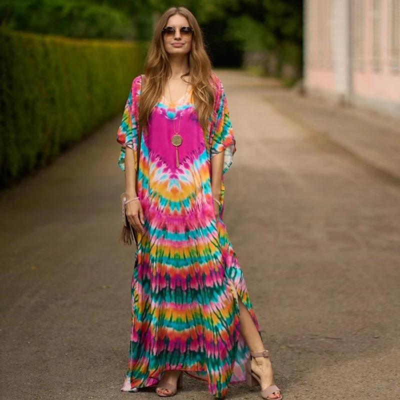 

Heart Shape Tie Dye Maxi Dress Rainbow Color Vivid Long Kaftan Summer Rayon Tunic Chic Casual Beach Stylish Cover Ups Boho Vibe