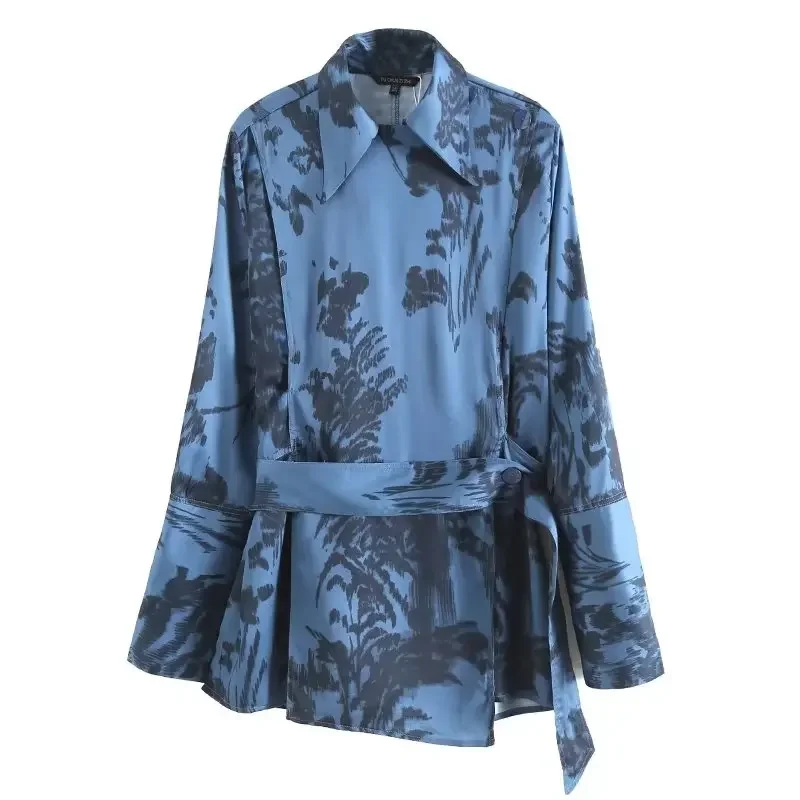 

Women's 2023 Fashion Exquisite Slim Fit Print Pattern Wrapped With Belt Blouses Retro Long Sleeve Button Blouses Chic Tops.