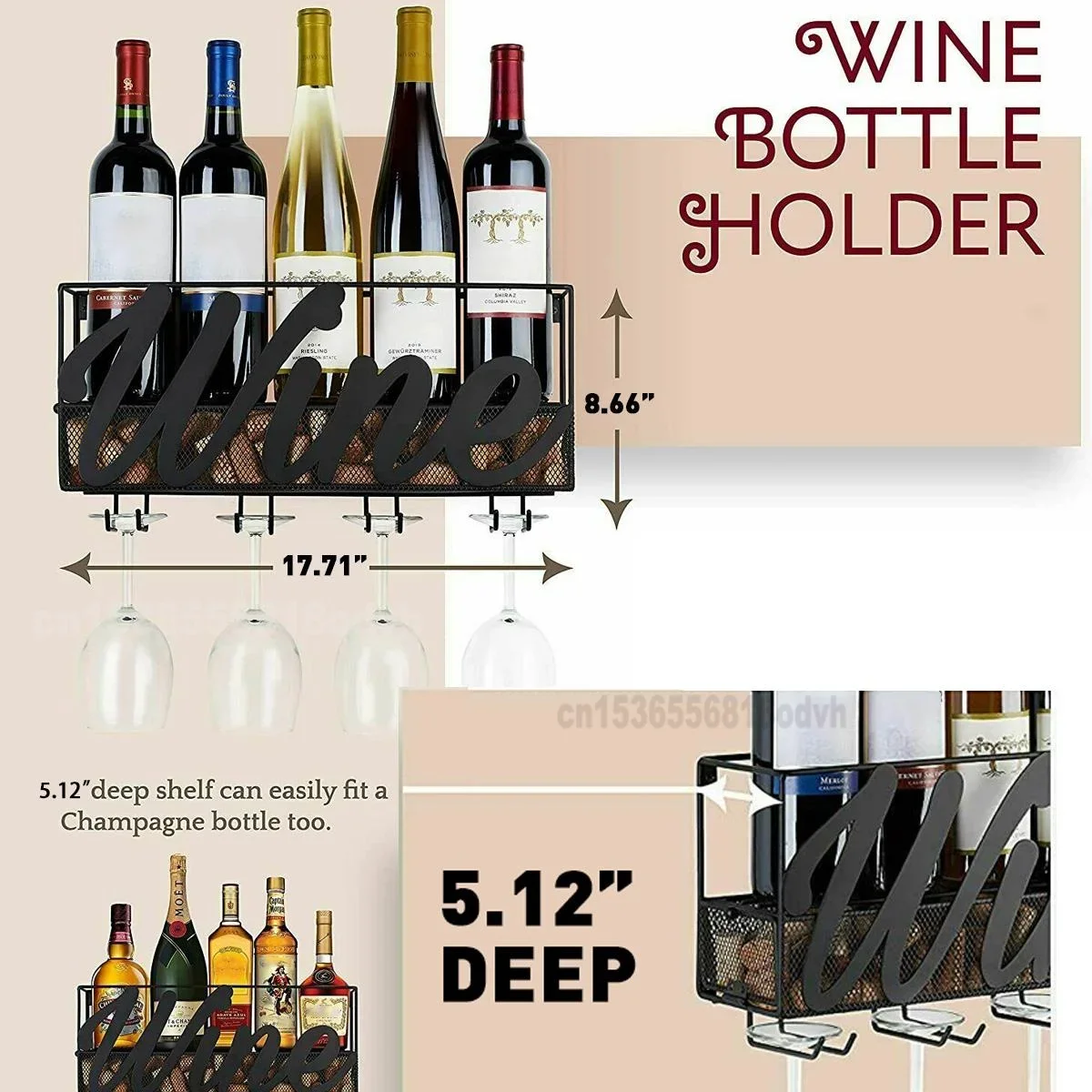 Wall Mounted Iron Wine Rack 4 Hooks Wine Glass Holders Metal Rack Bottle Champagne Shelf with Extra Cork Tray