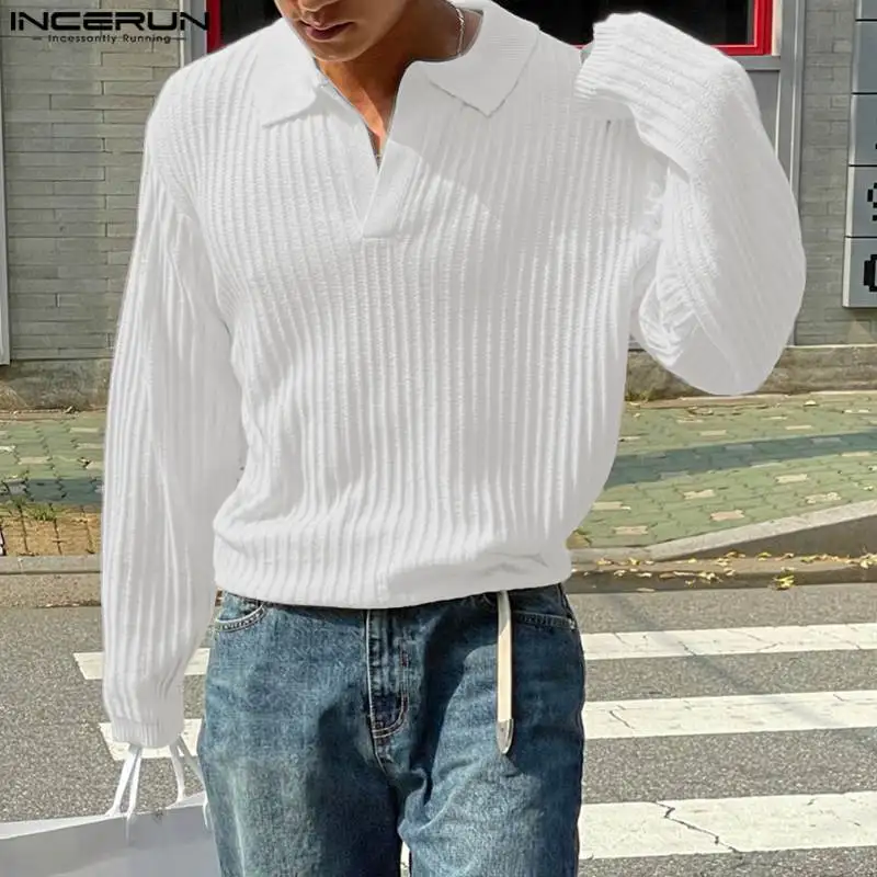 

INCERUN Tops 2023 Korean Style Mens Solid Pit Stripe Shirts Casual Fashionable Hot Selling Male V-neck Long Sleeved Blouse S-5XL