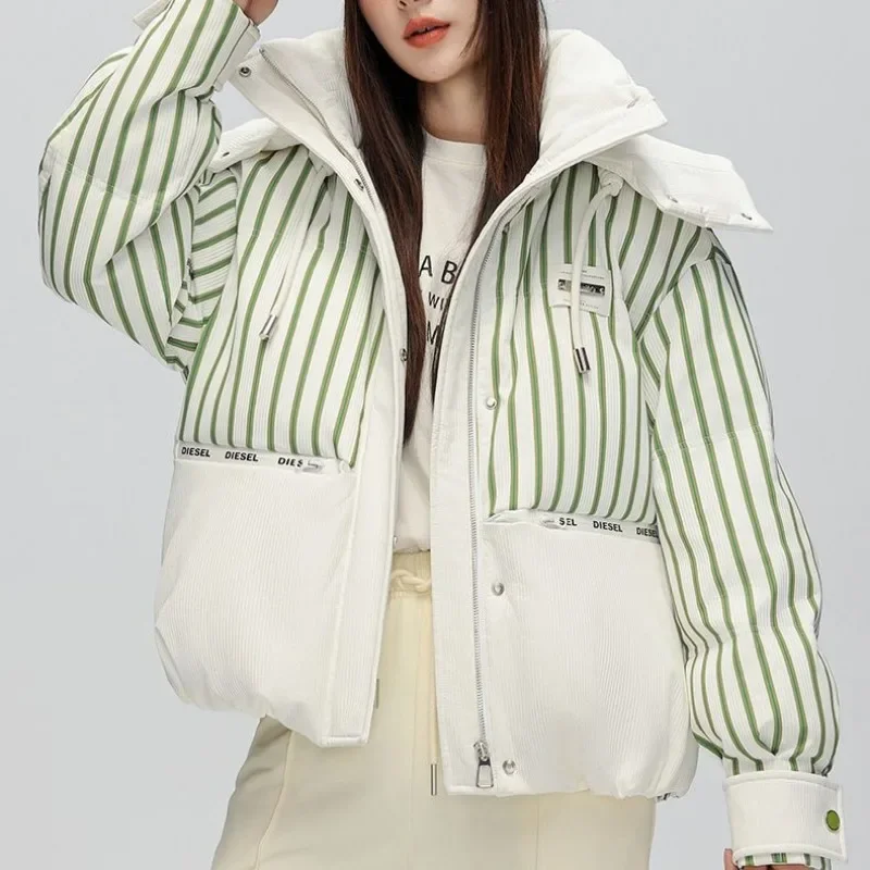 New Women White Duck Down Jacket Winter Coat Female Short Thickened Parkas Contrasting Colors Hooded Outwear Loose Warm Overcoat
