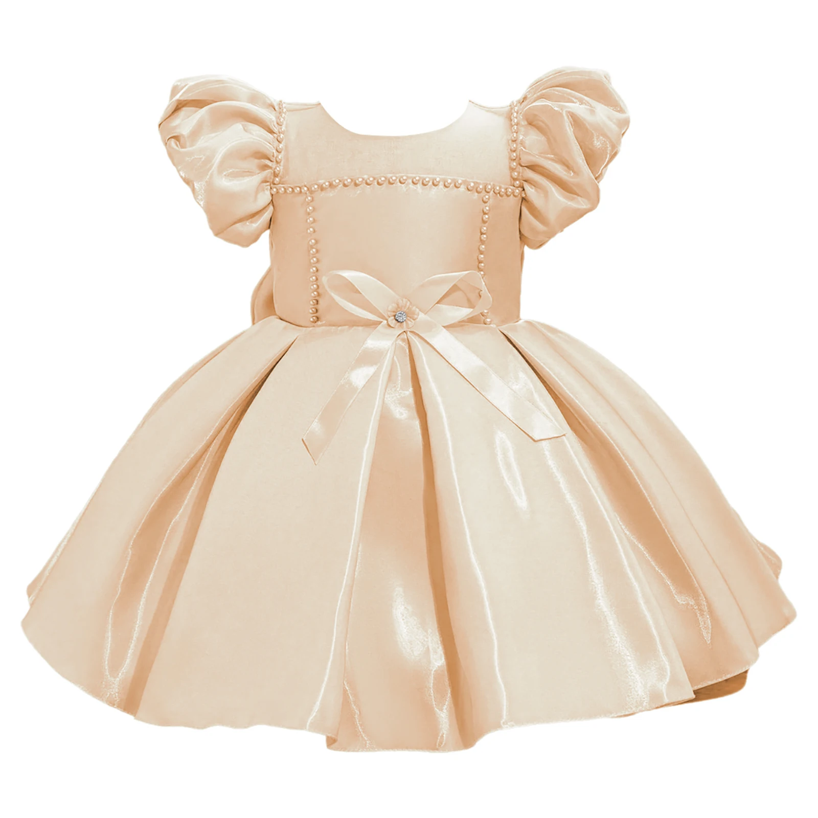 

Kids Birthday Party Wedding Flower Girl Dress Bubble Sleeve Pearl Beads Bow Knot Satin Dresses Pageant Baptism Ball Prom Gown