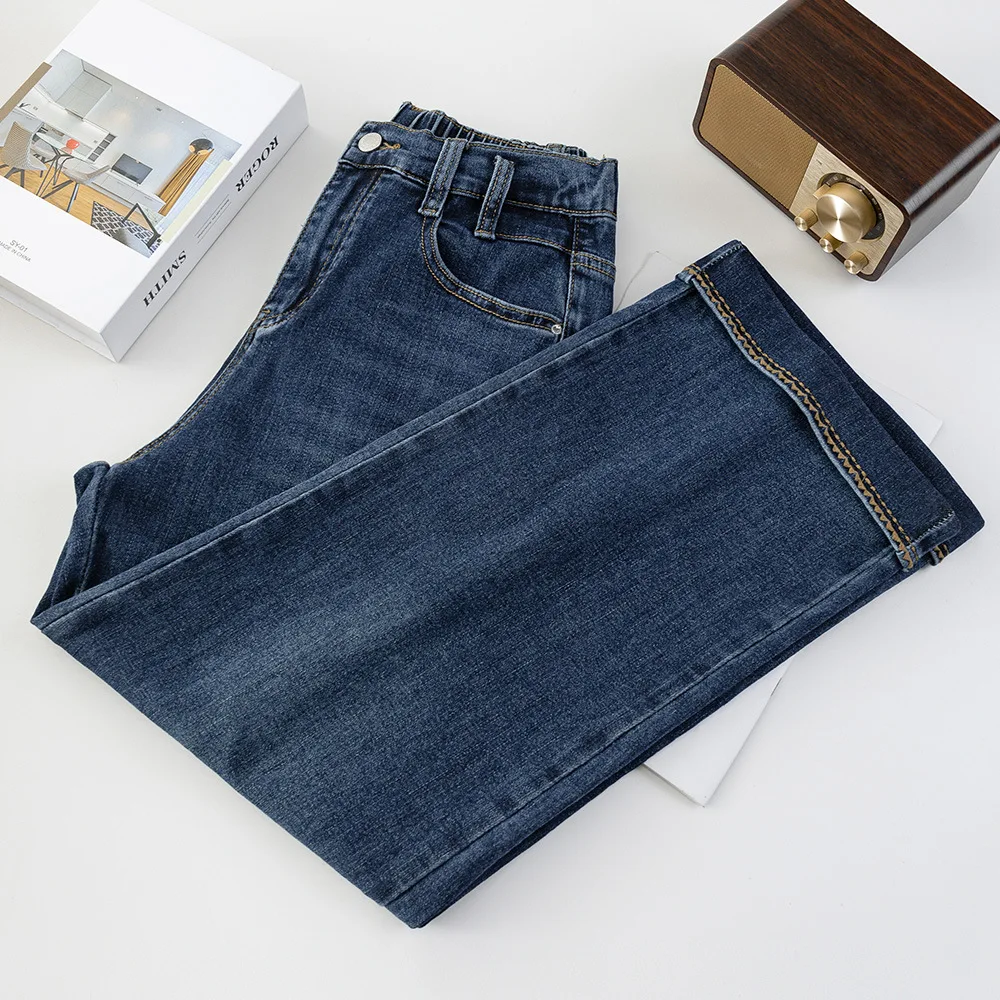 Fashion Plus Size Women's Jeans 2025 Autumn Simple High Waist Stretch Denim Leg Embroidery Straight Leg Ankle-Length Pants 2531