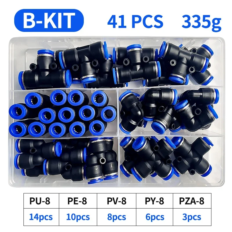 공압 커넥터 키트, 박스형 PU-8, PE-8, PZA-8, PY-8, PV-8, PG-8, PK-8, 8mm, 6mm, 호스 파이프 튜브, 공기 외경, 41 PCs