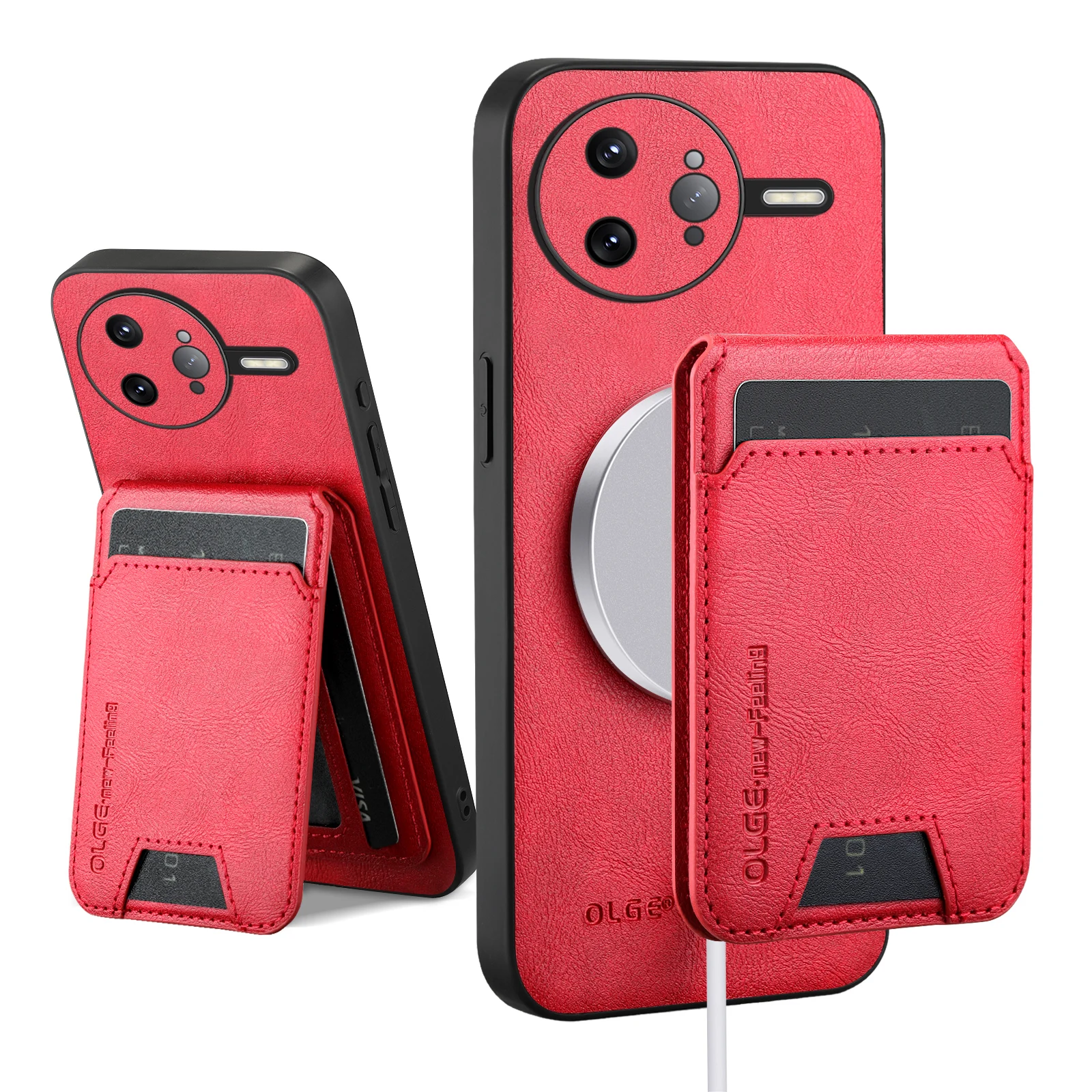 Magnetic Leather Wallet Card Holder Case with Mag-Safe Stand and Full Camera Protection