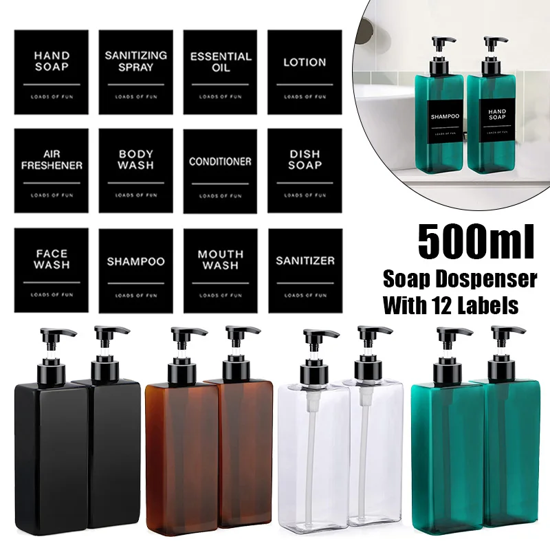 500ML Dish Soap Shampoo Dispenser Kitchen Sink Pump Bathroom Hand Soap 2 Bottles +12 Labels Bathroom Lotion Container soap dispenser shampoo dispenser