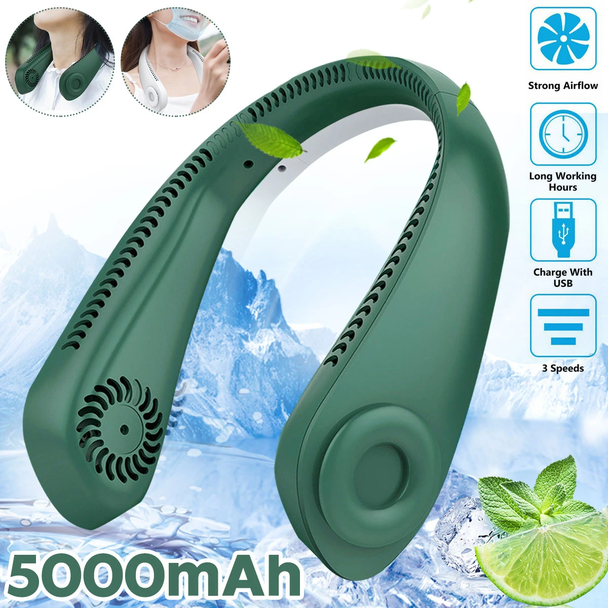 5000mah Usb Rechargeable Neck Fan Portable Bladeless Neckband Sport Fan