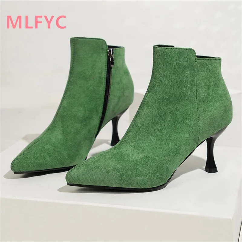 

Women's Slim Heeled Pointed Side Zipper Fashion Boots with Matte and Simple Retro Style High Heeled Short Boots