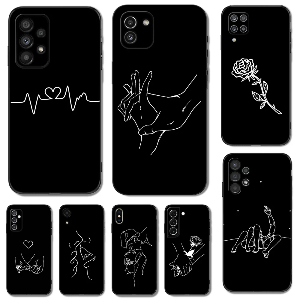 Custodia In Tpu Nero Per Samsung Galaxy S23 S22 S20 S21 Fe Plus Ultra + S10 E Lite Cover Art White Line Kiss Love Heart Flower Rose Girl