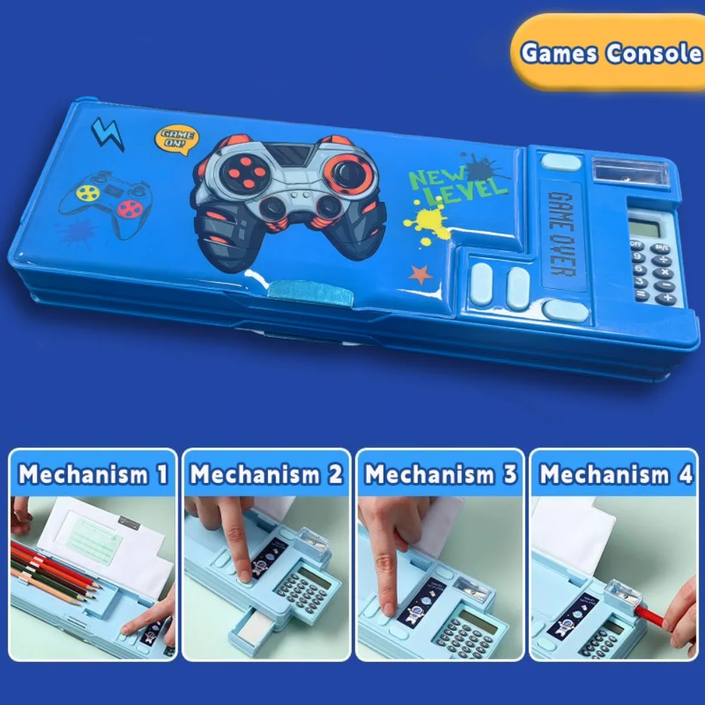 Multi-Functional Double-Sided Pencil Box with Built-In Calculator and Sharpener