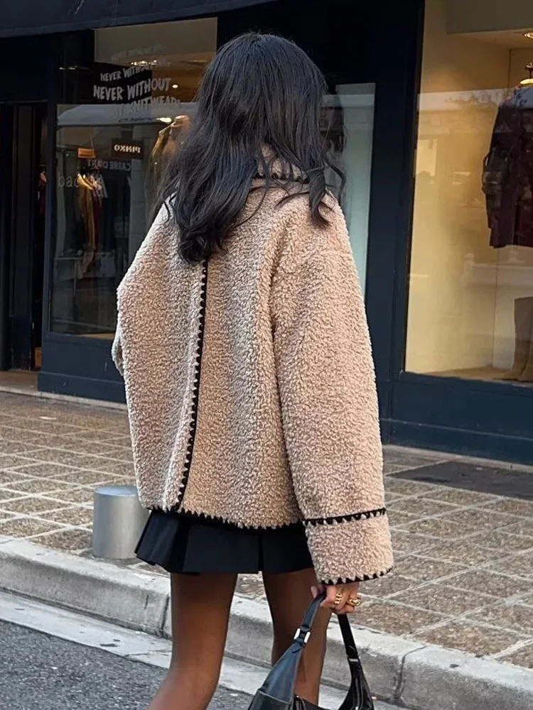 HH TRAF Women Fashion Winter Fleece Lapel Coats Casual Long Sleeves Loose Plush Jackets Female Warm Chic Streetwear Outerwear