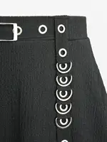 ROSEGAL Plus Size Women Casual Skirts Black Elastic Wais Textured Strap Buckle Grommet A Line Skirt With Pocket - Image 2