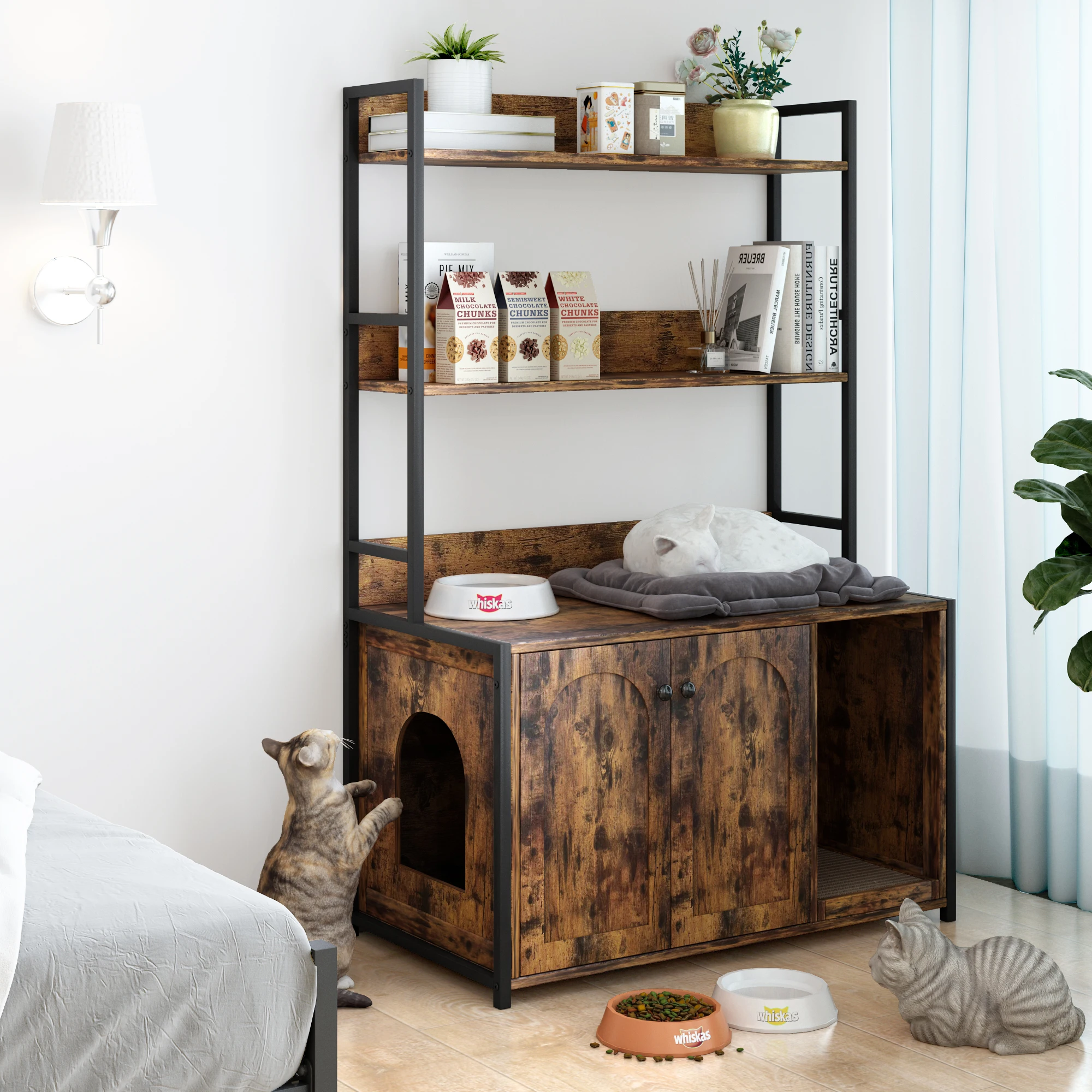 Cat Litter Box Enclosure 2-Tier Display Storage Shelves Wooden Cat House Washroom Metal Frame Cabinet Furniture