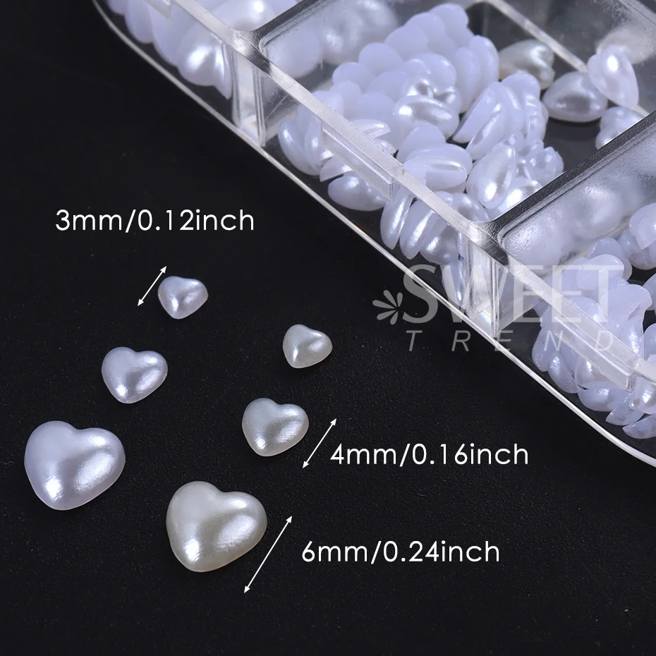6 Grids Peach Heart Pearl Nail Charms Jewelry Natural White Flatback Beads Craft Decor Summer Elegant Wedding Accessory Ornament