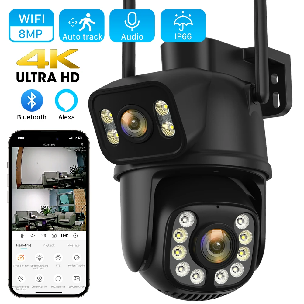 8MP 4K Wifi Street IP camera Dual Lens Dual Screens Outdoor Wireless Camera Ai Auto Tracking CCTV Security Video Surveillance