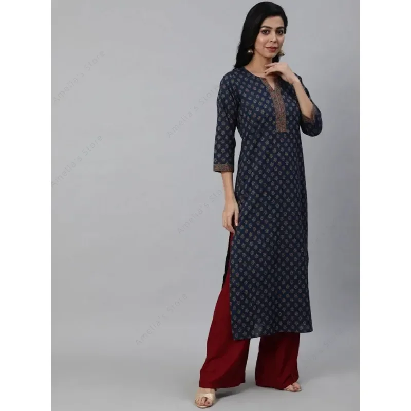 Indian Ethnic Women's Printed Kurta Top Lightweight Flannel Cotton with Three-Quarter Sleeves 4 Color Options India Dress
