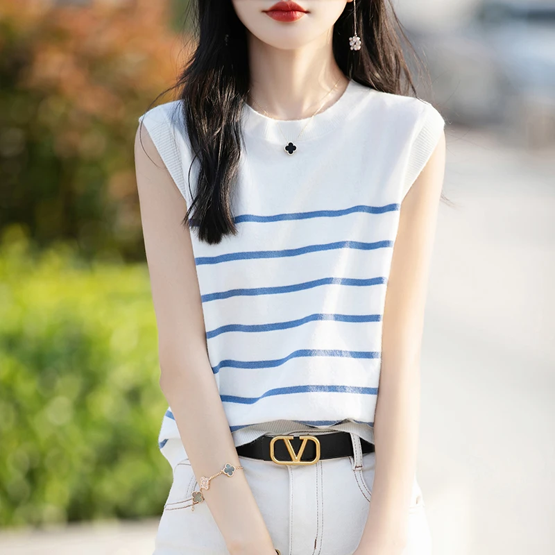 

Женский Классический Топ в черно-белую полоску без рукавов с круглым вырезом