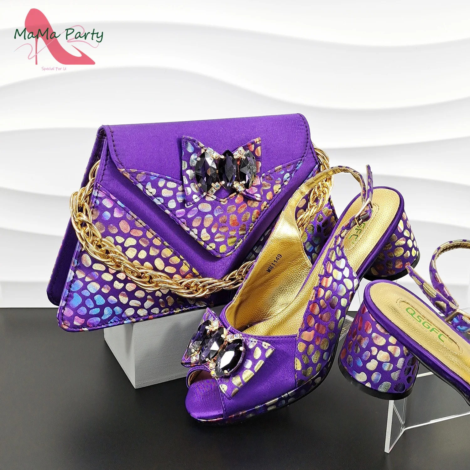 

2024 Elegant Italian New Coming High Quality African Women Shoes and Bag Set in Purple Color with Crystal Platform for Party