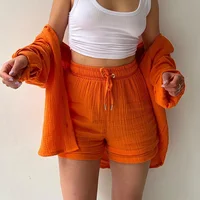 Summer Women's Suit Short Sets Outfits Muslin Suit For Women 2025 Two Piece Female Clothing Solid Button Outfits - Image 5