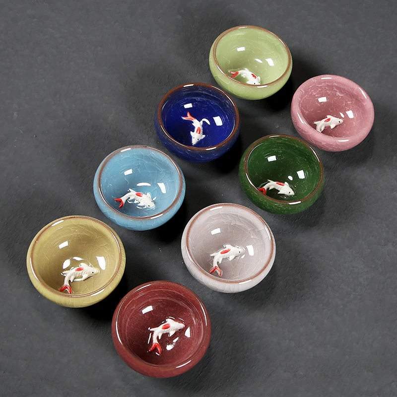Ice Crackle Fish Teacup Ceramic Kung Fu Tea Set Master Single Cup Tea Sipping Ware Vintage Kiln Change Teaware Accessories Gifts