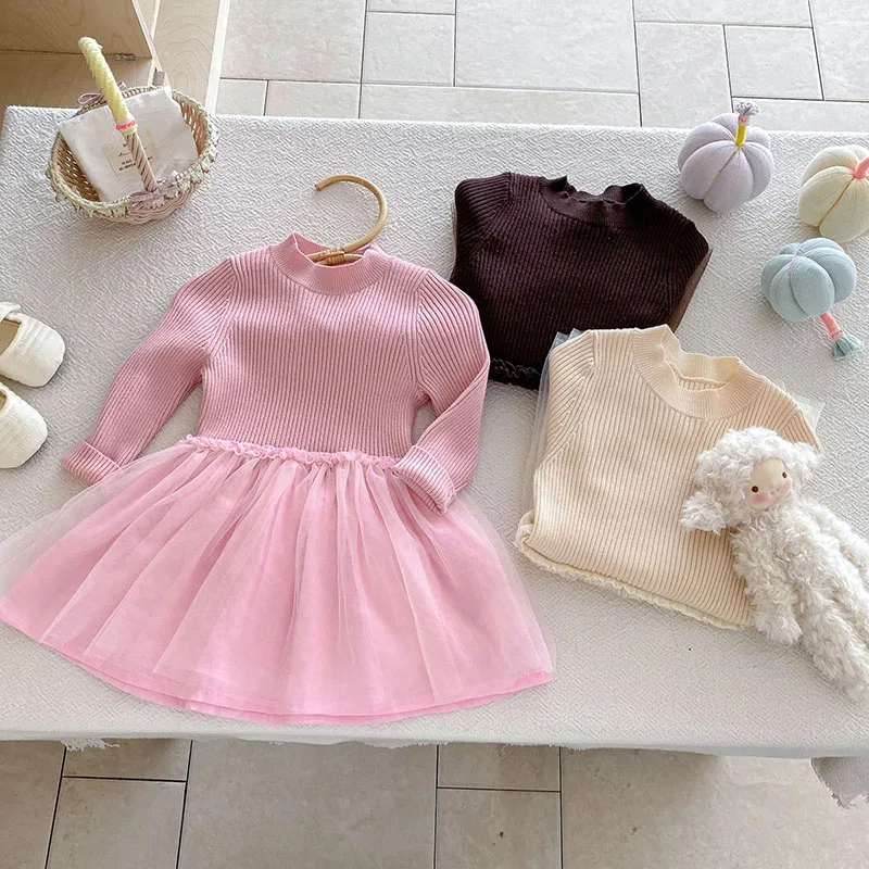MILANCEL New Autumn Kids Dress 9M-6T Knitted Mesh Splicing Baby Girls  Princess Dress Solid Color Korean Children Outfit 2PCS - AliExpress 1501