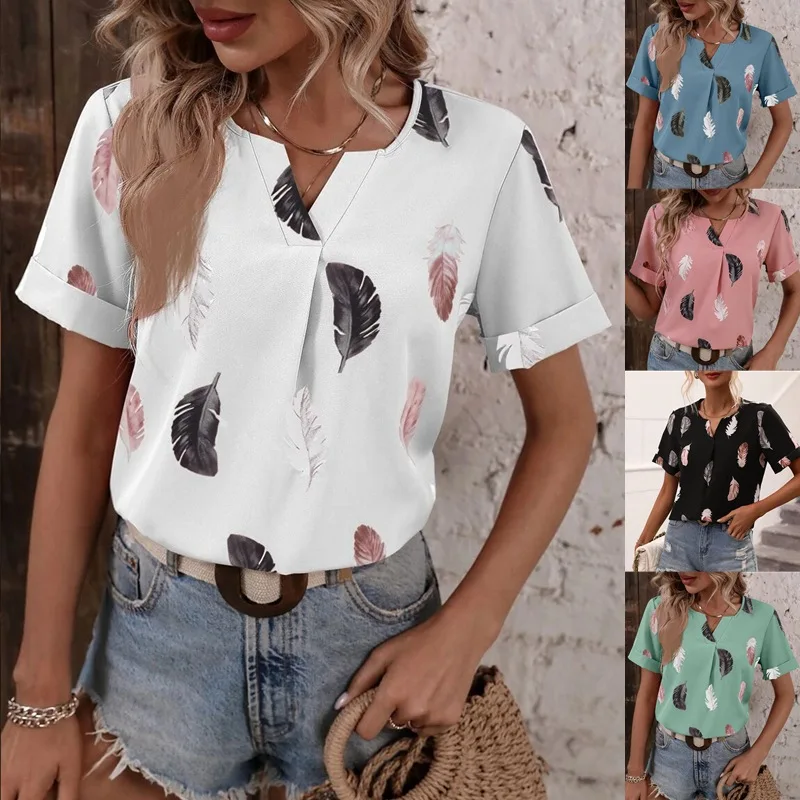 

European and American Women's Summer Interest Rate V-neck Feather Printed Short-sleeved Loose shirt Women's Top
