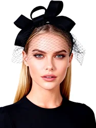 Elegant White Wool Felt Fascinator with Veil and Bowknot - Perfect for Weddings, Tea Parties, and Church Events (Black)
