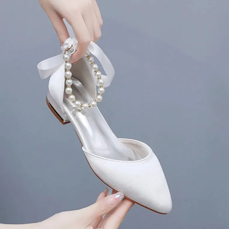 Wedding Shoes Bride Flat Heel Pointed Hollow Sandals Women White Satin Beaded Bride's Wedding Dress Shoes Sandalias De Mujer