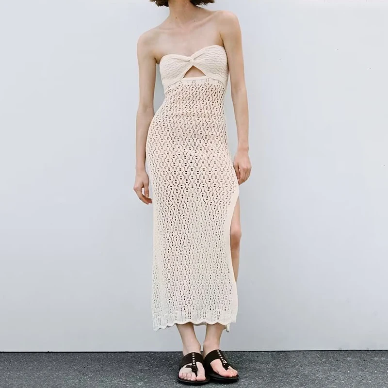 

Hollow Out Dress for Women 2023 Summer Knitted Midi Dresses Sexy Lady Beach Vestidos Ins Fashion Female Clothing