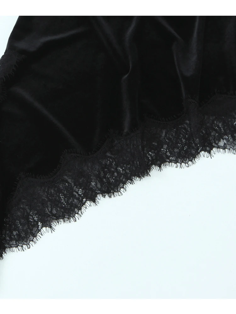 Sexy Lace Splice Skirts Women Summer New Fashion Velvet Asymmetric Hem Skirts For Women Elegant High Waist Party Skirts ﻿