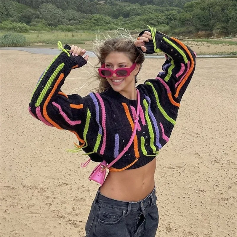 

QIWN European And American Spring New INS Street Shoot Fashion Knitted Colored Tassel Versatile Casual Wool Top