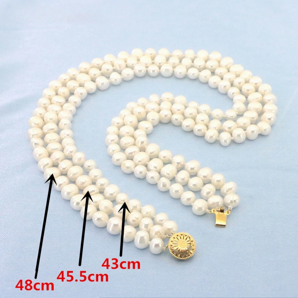 

3 Rows Freshwater Pearls Necklace Wedding Jewelry Set for Women 7-8mm Beads Multicolor Selection Birthday Party Clavicle Chain