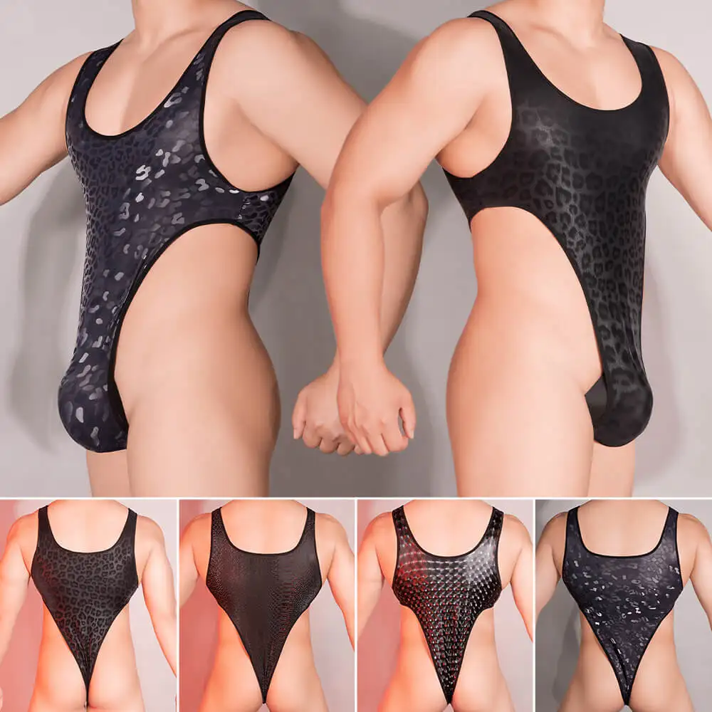 Men's Shiny Wetlook Mankini Briefs Bodysuit Sexy Tank Top Thong G-String Leotard Stretch Wrestling Singlet Catsuit Underwear